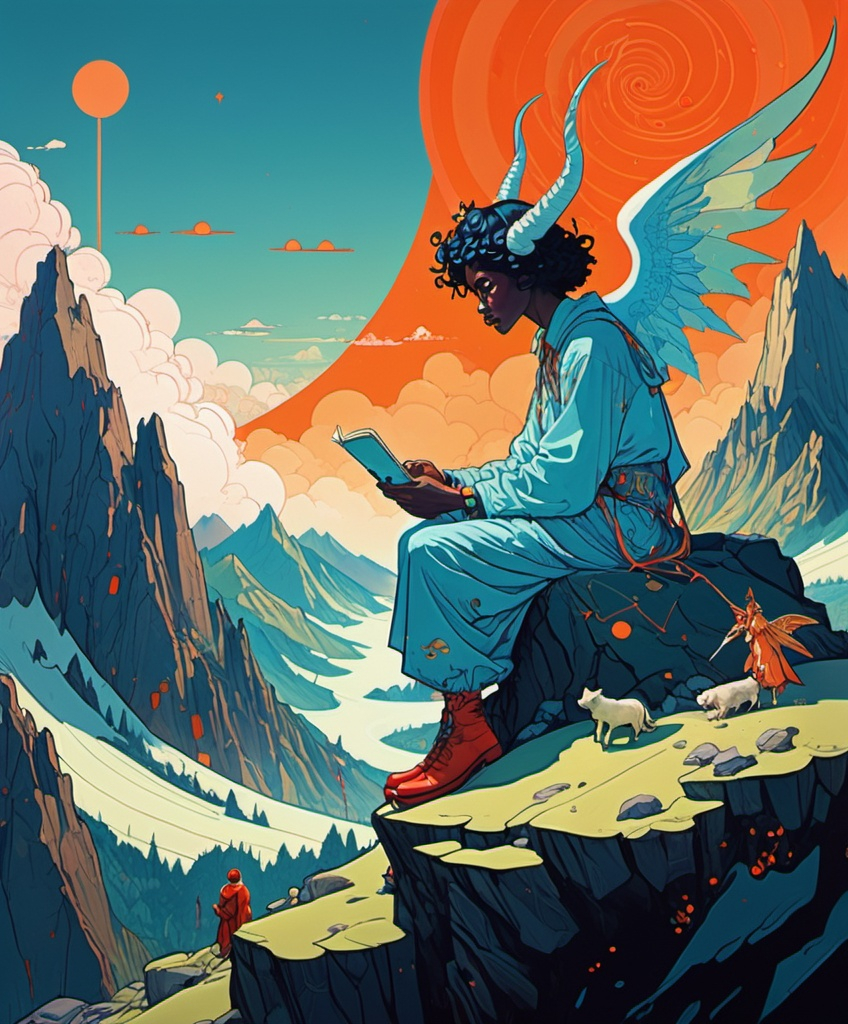 Prompt: A hippy gothick kawaii devil on top of a mountain is talking to an angel. A painting inspired by victo ngai and james jean and tomer hanuka pop art surrealism artstation trending , accurate precise focused, top award winning unique painting "2024" 