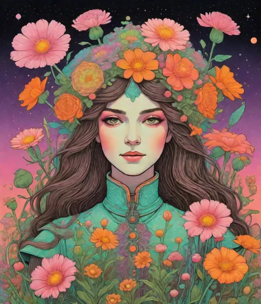 Prompt: neon victorian, bifrost in a setting full of flowers, in the style of anime aesthetic, colorful moebius, stipple, pop art references, art brut influences, 1970’s woodblock, gwen frostic print, vintage, faded, pink orange green brown, grainy, children’s book illustration, nature poem illustration, retrofuturism, steampunk synthwave 