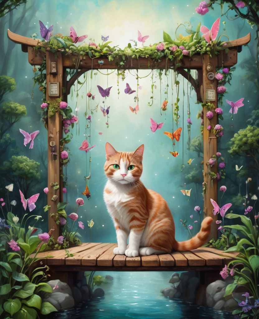 Prompt: cat gantry, whimsical, lush, magical realism 