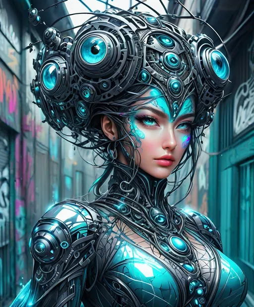 Prompt: graffiti, beautiful dynamic woman in hyperbolic outfit with too many eyes and biomechanical eyes, graffiti, street art, wireframe hologram 
