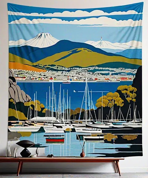 Prompt: garage sale tapestry depicting Hobart harbour with view of mount wellington , mid century modern by hilma af klint 