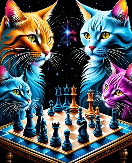 Prompt: surreal abstract, cats playing cosmic chess, galactic chess board , highly detailed hyper realistic exotic elaborate fractal patterns , ornate, dark Matisse palette, dark Rembrandt accents