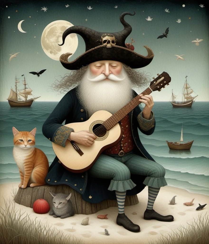 Prompt: Style by Tomasz Sętowski, Gabriel Pacheco, Catrin Welz-Stein, Dee Nickerson, Kathleen Lolley, Tara McPherson: The wandering old mythical pirate wizard plays a whimsical tune on his guitar, by the sea moonlight, the animals listen, whimsical, Vivid colors, beautiful, dreamy. 