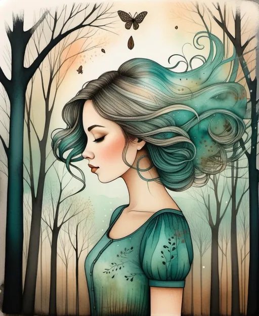 Prompt: The beautiful darling young lady with blowing hair art by Marc Johns, Molly Harrison. Gritty patina texture, gradient inking colors, Dreamy atmosphere, Whimsical forest background, Extremely detailed, intricate, beautiful. 
