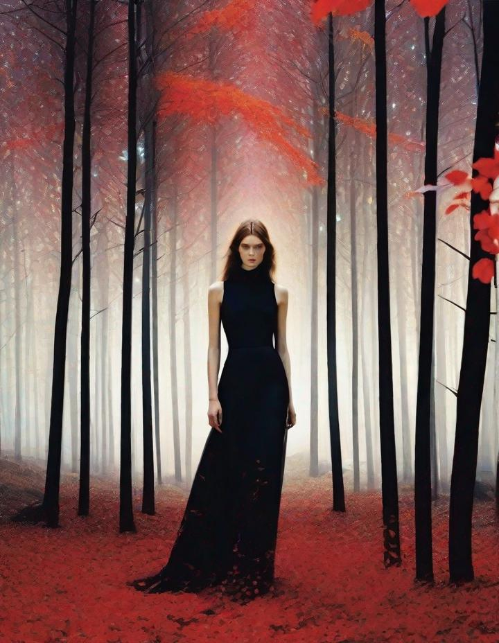 Prompt: A beautiful young lady, beautiful face, wearing opalescent black dress in a ghostly forest of white stem trees with red leaves, god rays through the tees, rim lighting, art by Mario Sorrenti,  Yves Saint-Laurent, Paolo Roversi, Thomas Edwin Mostyn, Hiro isono, James Wilson Morrice, Axel Scheffler, Gerhard Richter, pol Ledent, Robert Ryman. Guache Impasto and volumetric lighting. Mixed media, elegant, intricate, beautiful, award winning, fantastic view, 4K 3D, high definition, hdr, focused, iridescent watercolor and ink