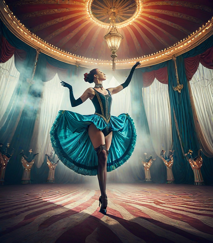 Prompt: a woman dancing at the circus chalcedony pilcrow circus, in the style of miss aniela, tapestry-like, #vfxfriday, surrealistic distortion, book art installations, brian m. viveros, advertisement inspired, HD, digital photography 