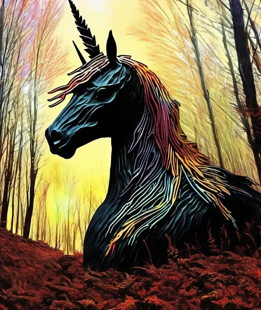 Prompt: unicorn god ate black metal and all my mouth got was cut up by razorblades, carboniferous forest, style van Gogh 