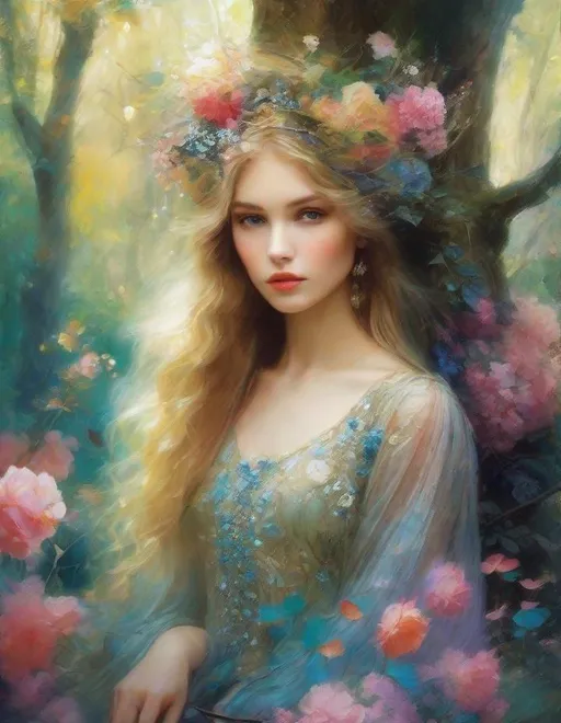 Prompt: Lovely pretty beautiful young lady, beautiful face, in a magical whimsical fashion forest in bloom art art by  Romulo Royo, Yves Saint-Laurent, Yulia Brodskaya, Edward Julius Detmold, Paolo Roversi, Thomas Edwin Mostyn, Hiro isono, James Wilson Morrice, Axel Scheffler, Gerhard Richter, pol Ledent, Robert Ryman. Guache Impasto and volumetric lighting. Mixed media, elegant, intricate, beautiful, award winning, fantastic view, 4K 3D, high definition, hdr, focused, iridescent watercolor and ink