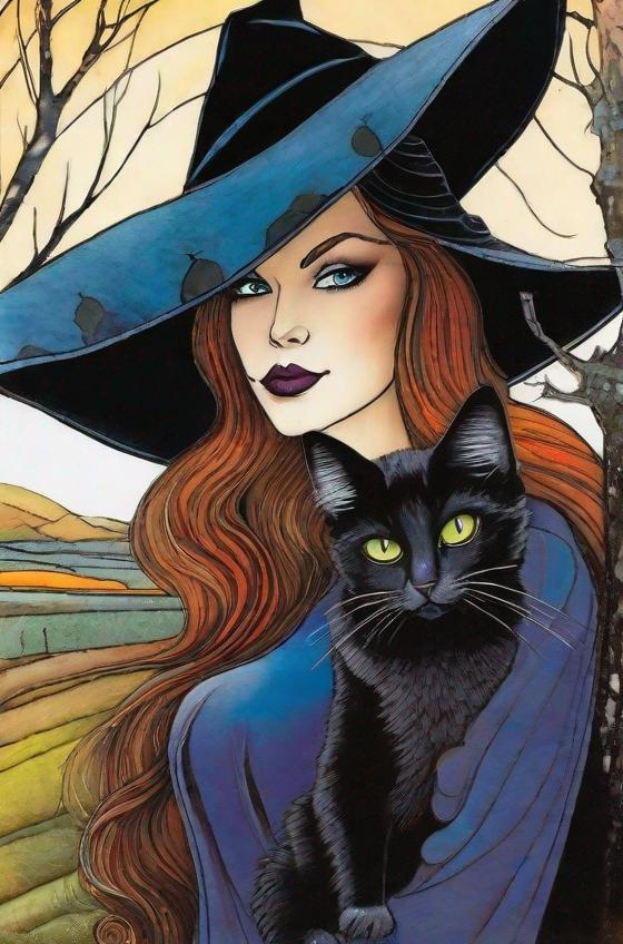 Prompt: A lovely witch with pretty face and beautiful eyes and her black cat art by Sam Toft, Deborah Azzopardi, Marc Allante, Axel Scheffler, Charles Robinson, pol Ledent, endre penovac, Gustave Loiseau. inlay, watercolors and ink, beautiful, fantastic view, extremely detailed, intricate, best quality, highest definition, rich colours. intricate beautiful, award winning fantastic view ultra detailed, 3D high definition