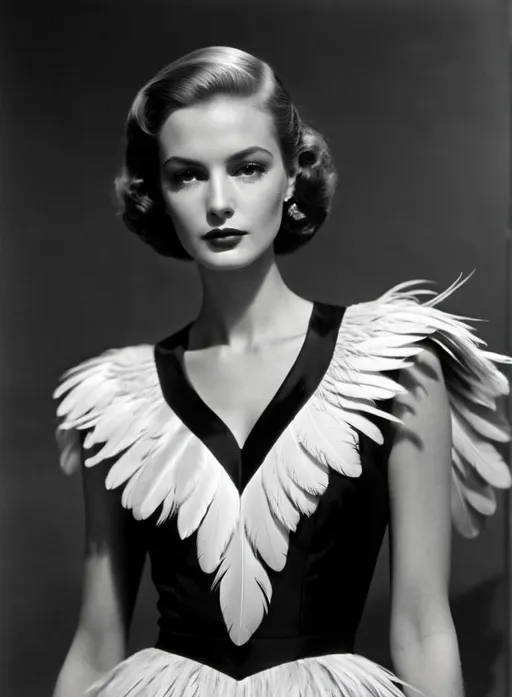 Prompt: i adore her metaphorical chicken feather dress by Jens blumenfeld, Herbert List 