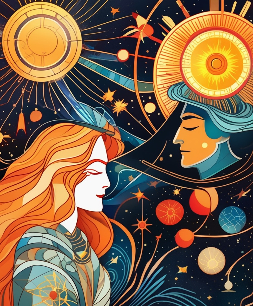 Prompt: heliocentric man and woman connected by energy, loss, betrayal, sadness, vivid dreams