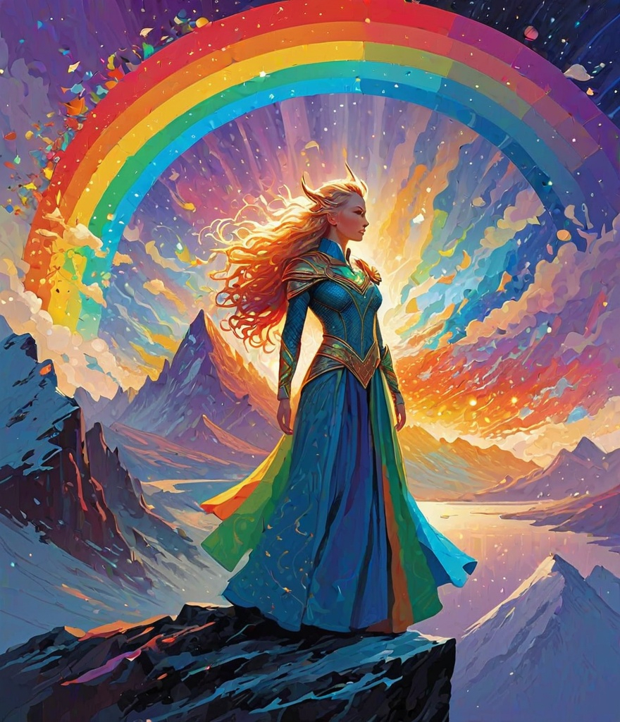 Prompt: Bifrost goddess, In Norse mythology, Bifröst (/ˈbɪvrɒst/), also called Bilröst, is a burning rainbow bridge that reaches between Midgard (Earth) and Asgard, the realm of the gods, by Charis Tsevis 