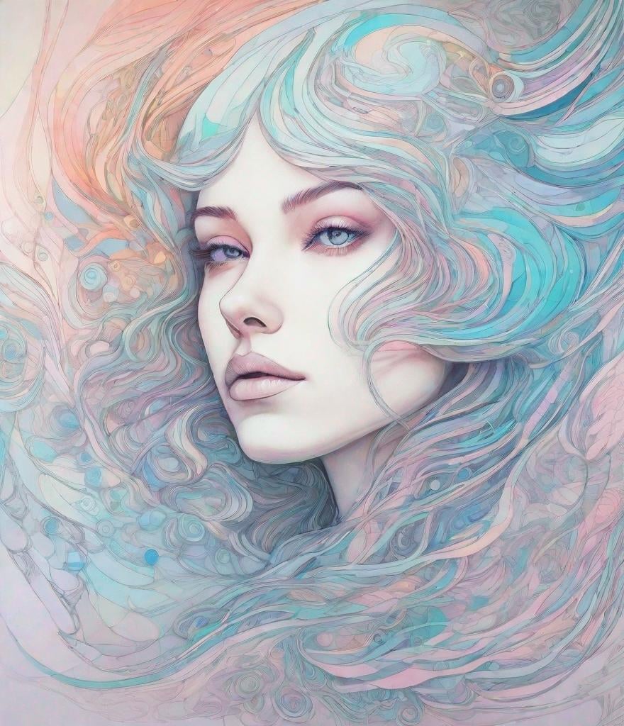 Prompt: A surreal dreamlike portrait of a girl, pastel futuristic symphonic luminosity in the style of a line drawing