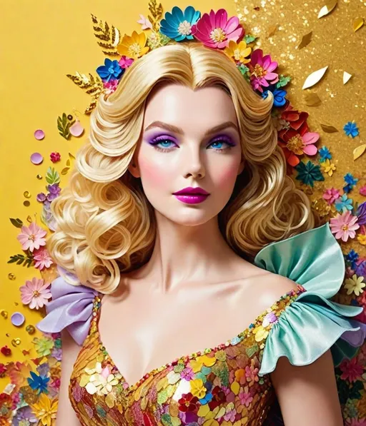 Prompt: Glinda the good witch fashion photography, sequins embroidery in pastel colours and glittery multicoloured sequins, in the style of vibrant florals, gold leaf, bold and vibrant primary colors, floral explosions, luminous quality, yellow brick road, heistcore, extruded design