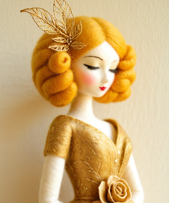 Prompt: Gorgeous lady in gold leaf needlefelted 