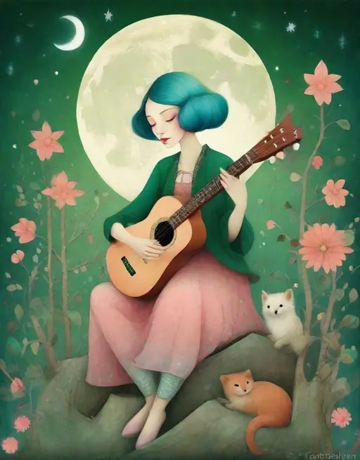 Prompt: The wandering girl wizard, with wild ombre gradient pink blue hair , plays a whimsical tune on her guitar, wearing a green and peach colored dress, surrounded by cute animals, full moon , STYLE: by Gabriel Pacheco, by Catrin Welz-Stein, by Kathleen Lolley, by Tara McPherson