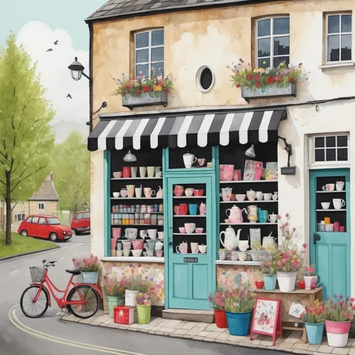 Prompt: a trash polka painting shows a coffee garage sale shop , in the style of lucy grossmith and victoria ball, colorful patchwork, chic illustrations, bright spring colors, floralpunk, windows vista, use of fabric 