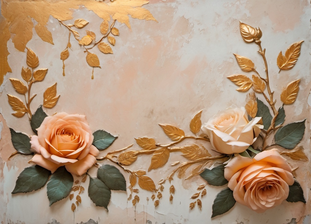 Prompt: old patina rough plaster wall, painted apricot-colored roses, gold leaf decorations, sleeping ballerina, mezzo tint, soft aesthetic 
