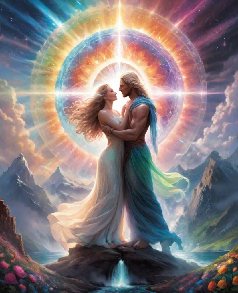 Prompt: bifrost connecting the divine feminine and the divine masculine, epic ethereal, radiating sacred beauty