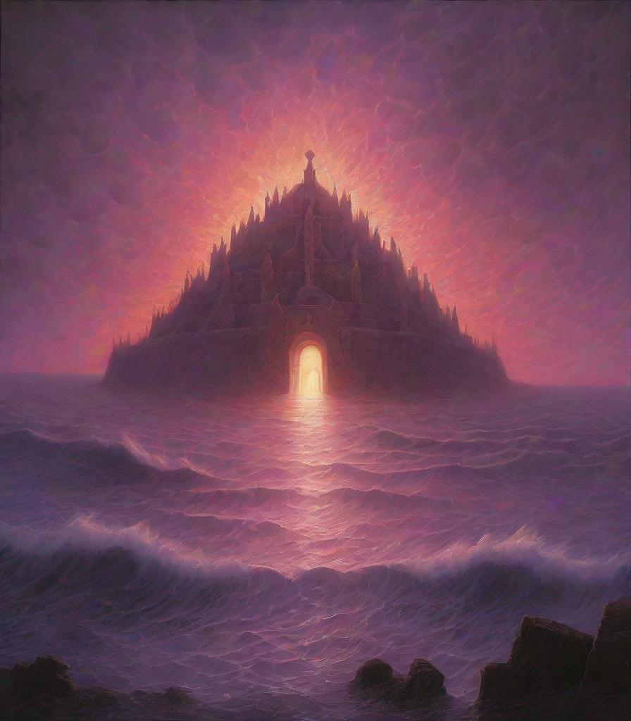 Prompt: crepuscular rays mauve misty clouds, medieval grunge viking funeral pyre, gigachad Beksinski painted Mausoleum, a raging ocean made of glittery code and interlocking quantum neurons, electrified water:: gond art 