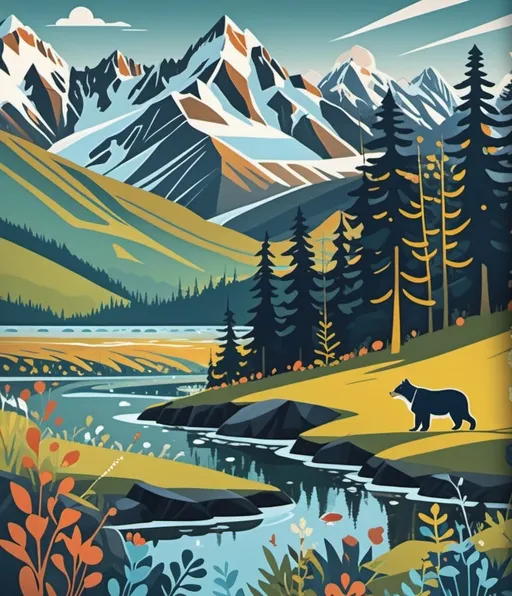 Prompt: Alaska has been reprinted on a poster, in the style of intricate abstract bucolic landscapes, tracie grimwood, playful caricature, culturally diverse elements, robert munsch, energy-filled illustrations, #screenshotsaturday 