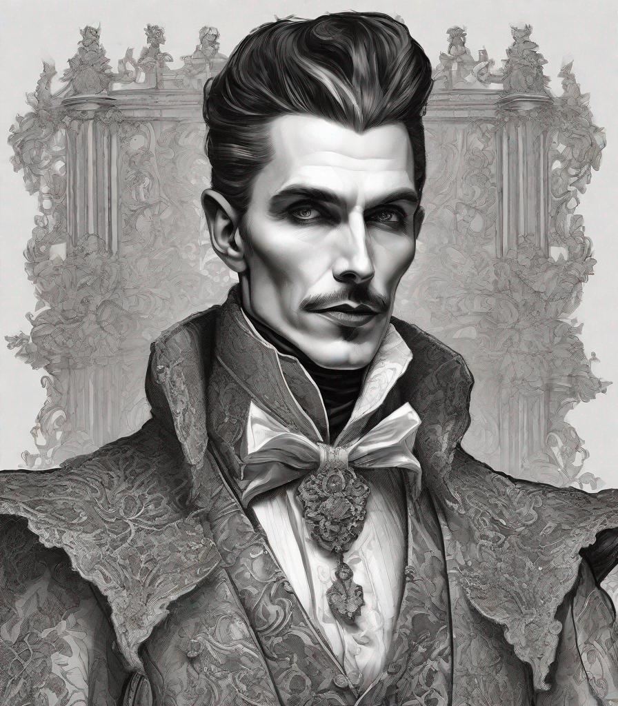 Prompt: Very handsome count dracula fancy ornated on neon victorian age, medieval grunge, victorianpunk, fashion design sketch, met gala event, royal gala, rococo, baroque, hyper realistic, insanely detailed and intricate, hyper maximalist, elegant, super detailed, dynamic pose