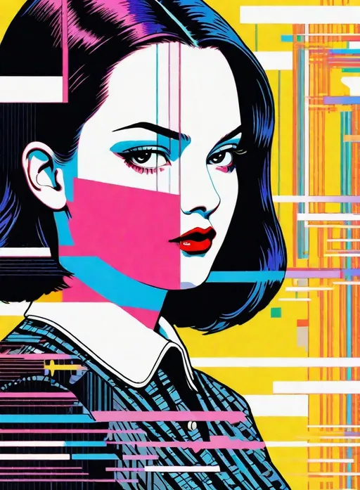 Prompt: Wednesday Addams in constructivist glitch art , comic style, appalachian vaporwave, side view, halftone, pointlism, by roy lichtenstein 