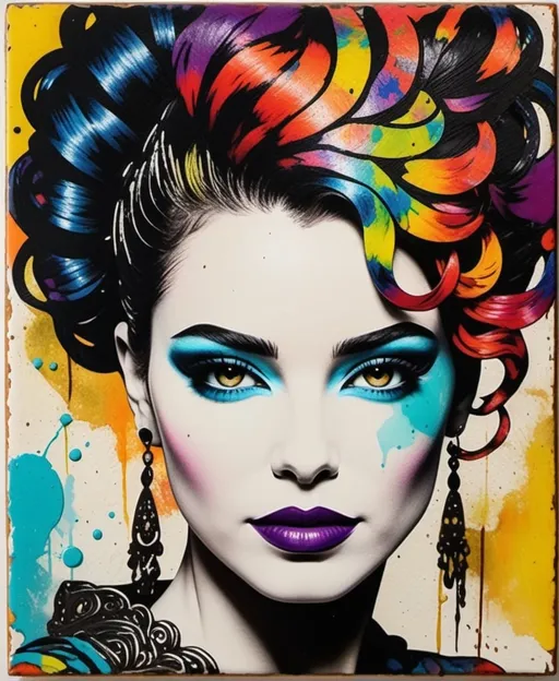 Prompt: encaustic Gritty Textured surface, A vibrant, colorful artwork of a woman with an elaborate, abstract hairdo and striking makeup, black inking outline with vibrant coloring,  Android Jones, decoupage, impasto, 