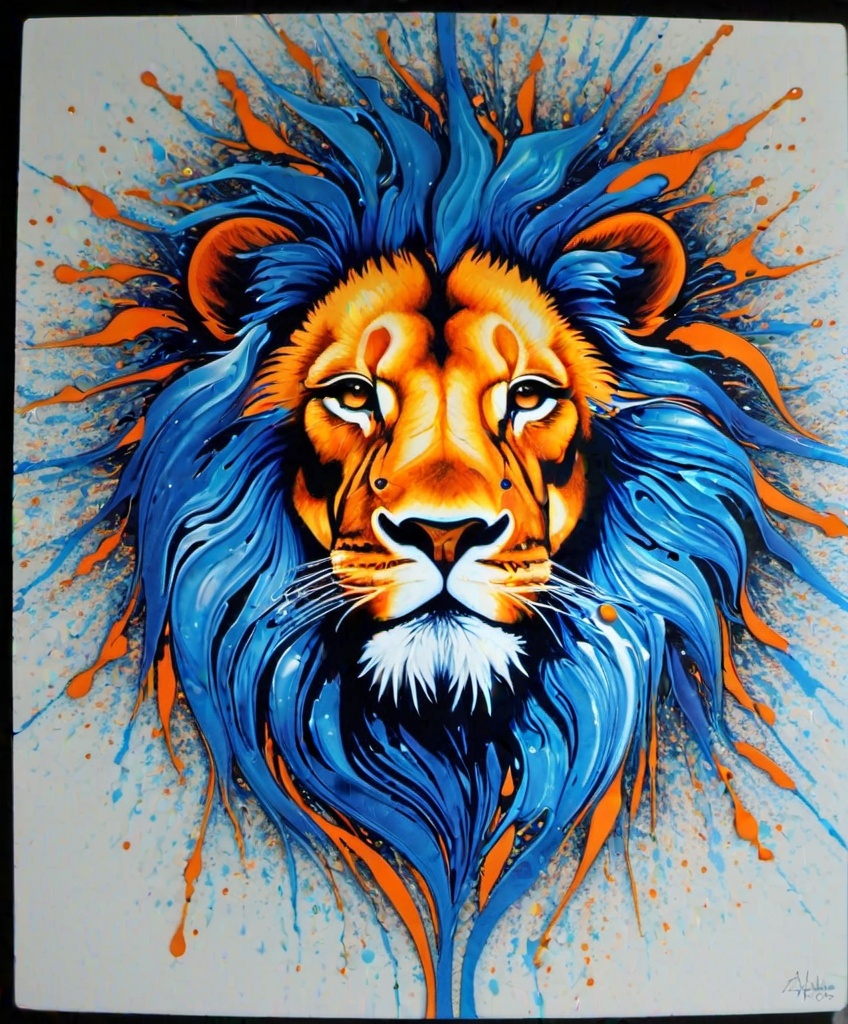 Prompt: acrylic pour splatter photonegative refractograph Lion alternate dimensions blue to orange crossed colors