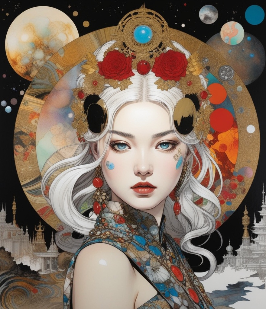 Prompt: Daenerys Targaryen as the perfect heliocentric muse mixing art styles from Jamie Hewlett: Jasmine Becket Griffith: Junji Ito: Rumiko Takahashi: Takashi Murakami: Yoji Shinkawa: Basquiat: Arthur Rackham: 21st century blockprint collage archetype of cybernetic fractalized gemstone encrusted materials textures, cinematic pov