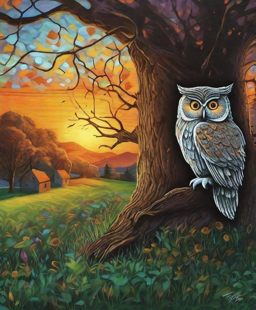 Prompt: Graffiti: Once, in a quaint village nestled among emerald hills, there lived a wise old owl named Hoot. Hoot was revered by all for his knowledge and insight. Each evening, as the sun dipped below the horizon, villagers would gather around Hoot's ancient oak tree. With his deep, soothing voice, Hoot shared tales of yore and wisdom about life, love, and the mysteries of the universe. His words were a blend of folklore and truth, often leaving listeners in awe. Children gazed up with wide-eyed wonder, while elders nodded in agreement. In this serene setting, Hoot's stories wove a tapestry of community, connecting generations under the starlit sky