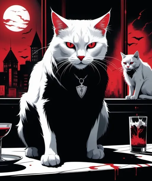 Prompt: white majestic cat vampire with red eyes sitting on the table, pale skinny ghoules are sitting behind him, in the gritty noir style of Sin City high contrast black and white with splashes of red, dramatic lighting and shadows, comic book stylization 