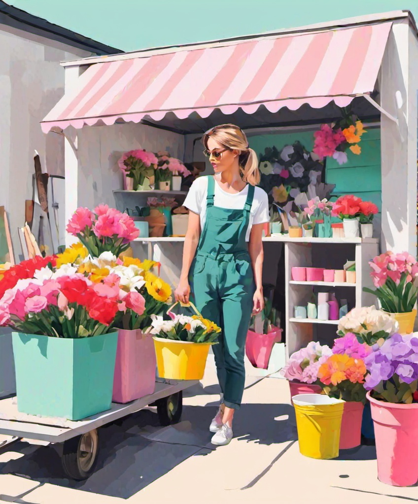 Prompt: bright colorful trash polka digital painting of a florist at a garage sale, bright spring palette, minimalist, feminine aesthetic, flat, 2D, stylized