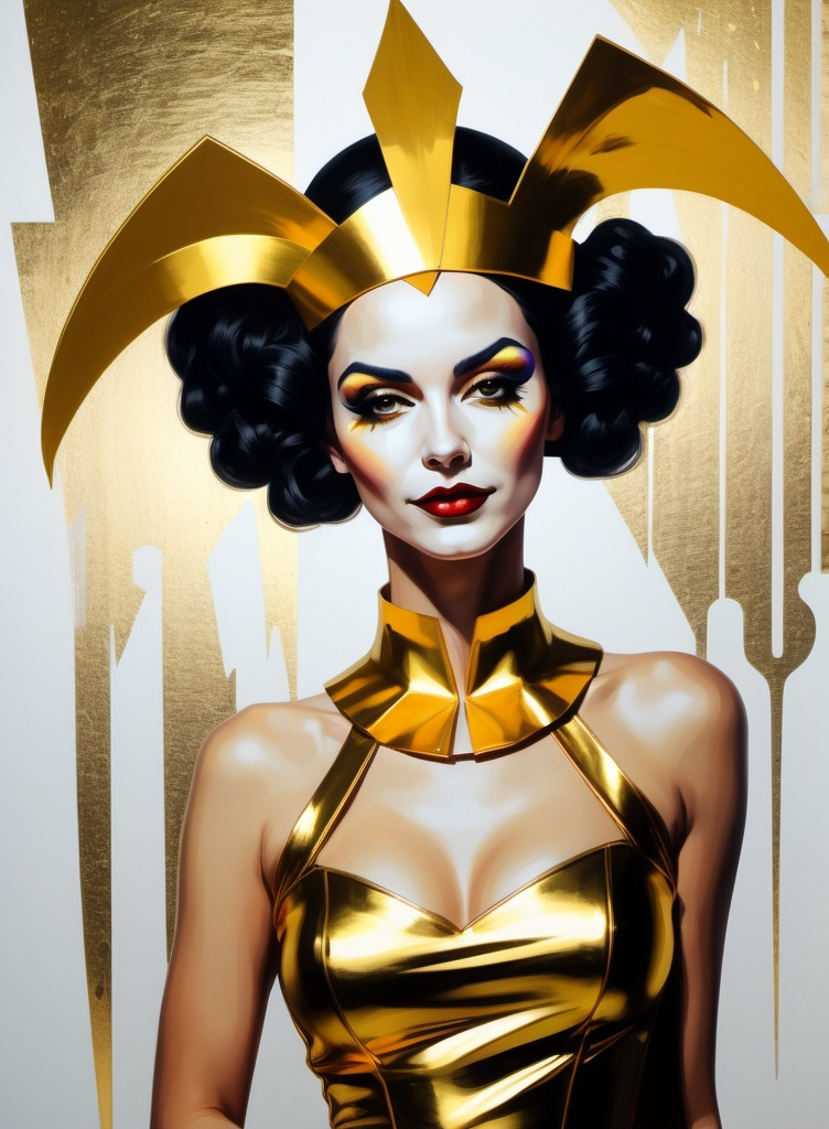 Prompt: Beautiful woman, character, caricature, gold leaf jester, constructivist glitch art 