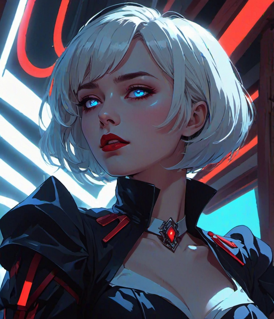 Prompt: scary evil female vampire character looking up at someone using a cigarette, heliocentric, glowing red eyes, in the style of neon hallucinations, mecha anime, arched doorways, animated gifs, dark white and sky-blue, flat areas of color, alois arnegger quality details