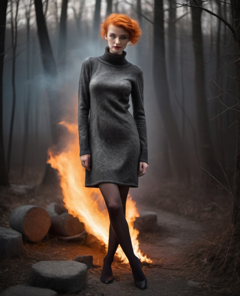 Prompt: fashion shot of a lady in a needle felted steel wool urban dress with stockings, slowly glowing up when its enlightend by fire