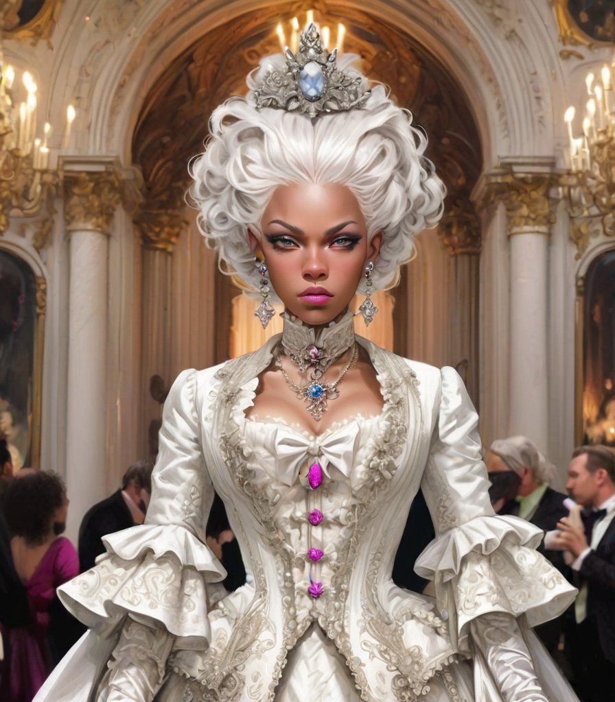 Prompt: ororo munroe, white hair, fancy ornated on neon victorian age, medieval grunge, victorianpunk, fashion design sketch, met gala event, royal gala, rococo, baroque, hyper realistic, insanely detailed and intricate, hyper maximalist, elegant, super detailed, dynamic pose 