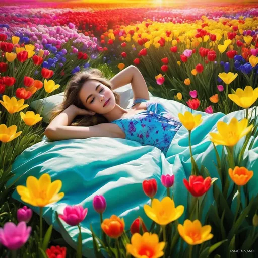 Prompt: Waking up in spring, a beautiful girl in a bed in the middle of a field of flowers, a vivid explosion of colors and visual stunning sensations, by Paco yao