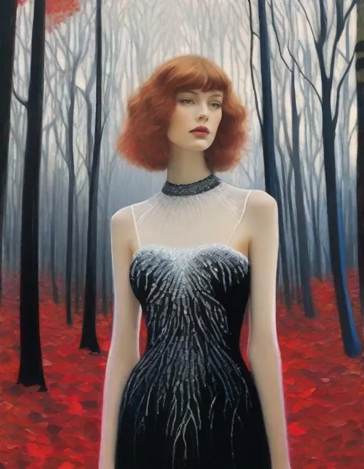 Prompt: A beautiful young lady, beautiful face, wearing opalescent black dress in a ghostly forest of white stem trees with red leaves, god rays through the tees, rim lighting, art by Camille Vivier,  Yves Saint-Laurent, Paolo Roversi, Thomas Edwin Mostyn, Hiro isono, James Wilson Morrice, Axel Scheffler, Gerhard Richter, pol Ledent, Robert Ryman. Guache Impasto and volumetric lighting. 3/4 portrait, Mixed media, elegant, intricate, beautiful, award winning, fantastic view, 4K 3D, high definition, hdr, focused, iridescent watercolor and ink