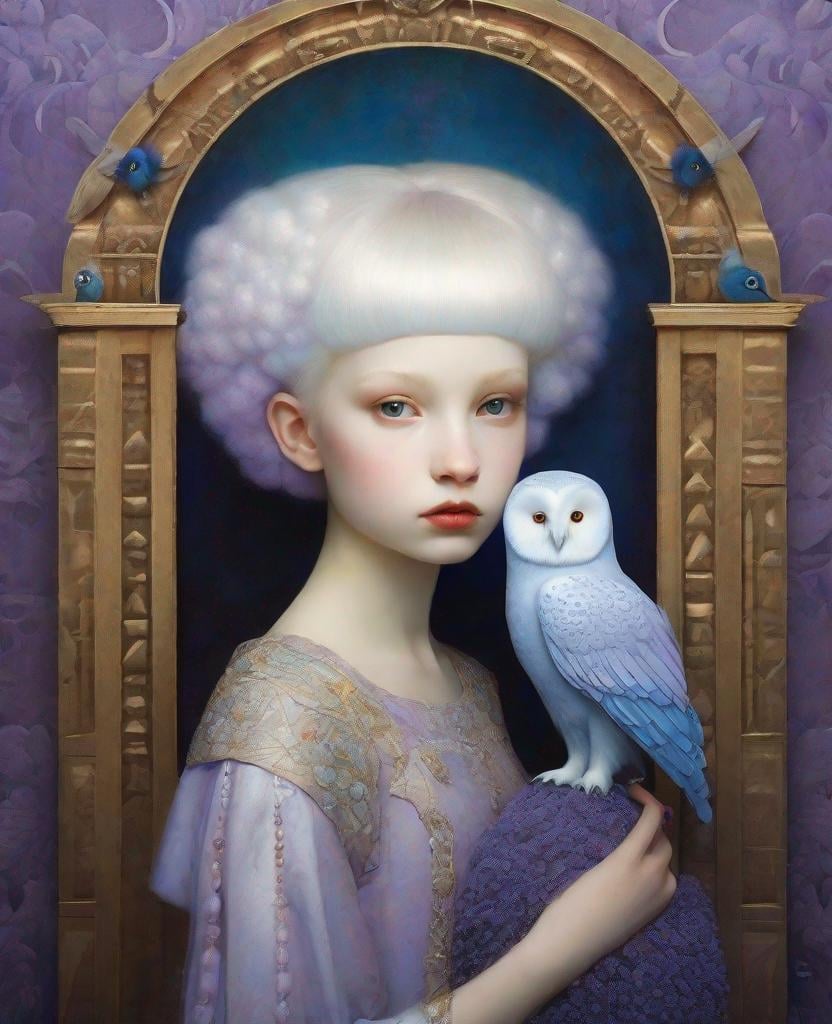 Prompt: Albino girl with, lavender hair, she is holding her blue owl friend, Tudor interior, portrait inspired by Catrin Welz - Stein, Victor Nizovtsev, Gustav Klimt, highly detailed and elegant painting, organic surrealistic shapes, exquisite composition, intricate detail, ultra maximalism