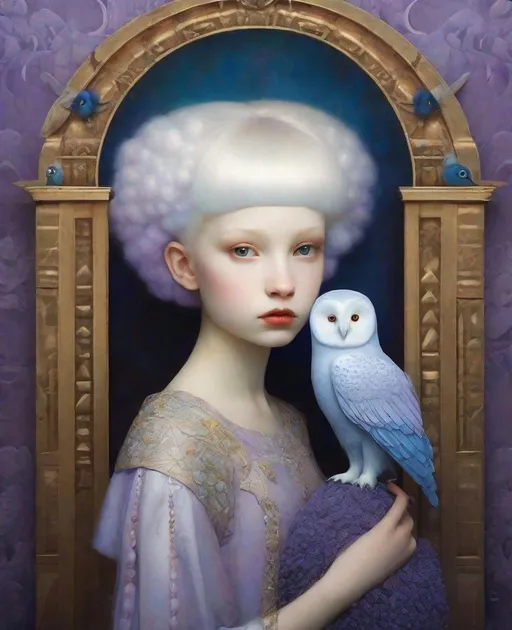 Prompt: Albino girl with, lavender hair, she is holding her blue owl friend, Tudor interior, portrait inspired by Catrin Welz - Stein, Victor Nizovtsev, Gustav Klimt, highly detailed and elegant painting, organic surrealistic shapes, exquisite composition, intricate detail, ultra maximalism