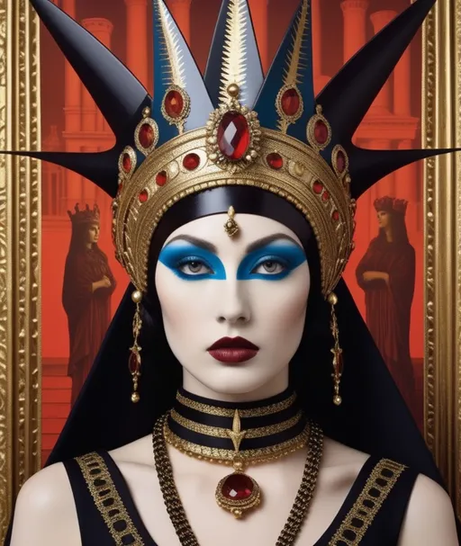 Prompt: intriguing medieval grunge fantasy queen of the damned in fornasetti style, by laurie simmons