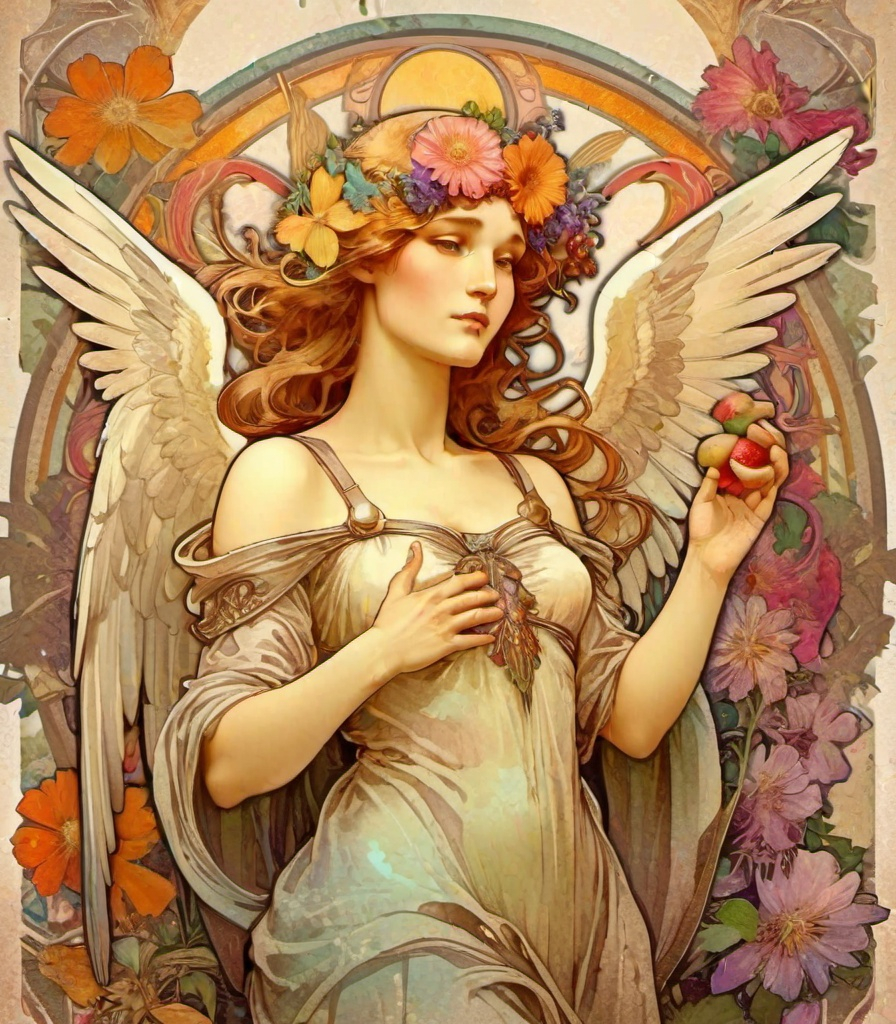 Prompt: wonderful archangel with beautiful flowers fruits and wings medieval grunge 