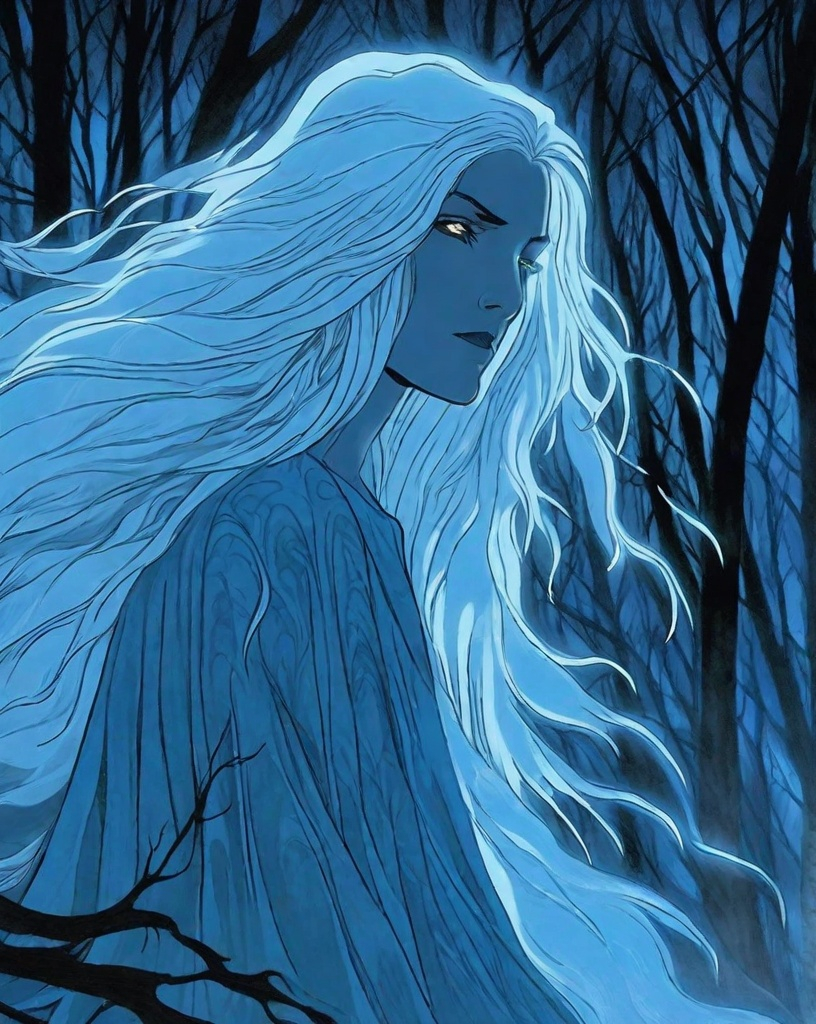 Prompt: Will-o'-the-Wisp in a form of a beautiful female spirit, ghost, blue, long white hair, nice face, angry, furious. entire body, in the burning forest at night