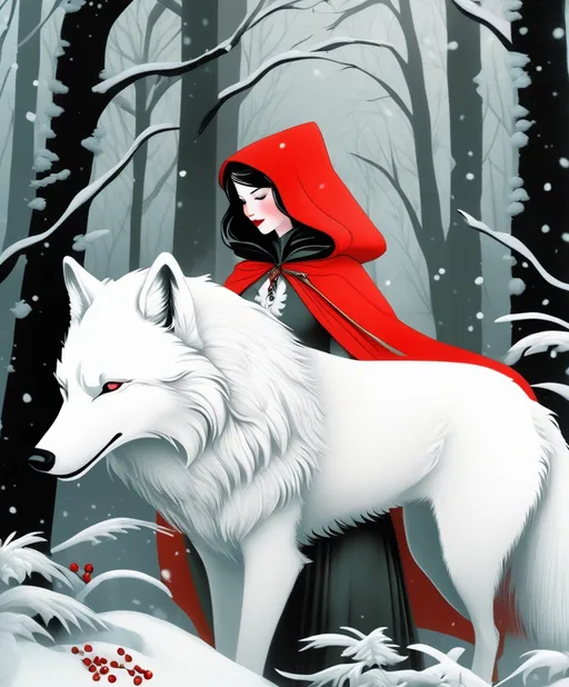 Prompt: The beautiful Red Riding Hood is in love with the anthropomorphic Big white Winter wolf man , detailed, fern leaves, Snow, by artgerm, tom bagshaw, Megan duncanson, James Jean, shaun tan, madoka magica, by kay nielsen, embossing fairy tale, whimsical, trending on artstation. Super clear resolution, elegant beautiful, lovely, best quality, beautifully lit, vray tracing