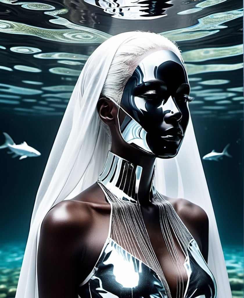 Prompt: In the realm of double exposure quantum entanglement an ethereal being with silken white hair and a cyborg's shimmering carapace gazing through the veil at a mirror image with obsidian locks and a mask crafted from liquid chrome reflecting another dimension where tranquil waters meet infinite skies a duality captured in a single moment of intertwined existences where technology and nature converse in silent harmony