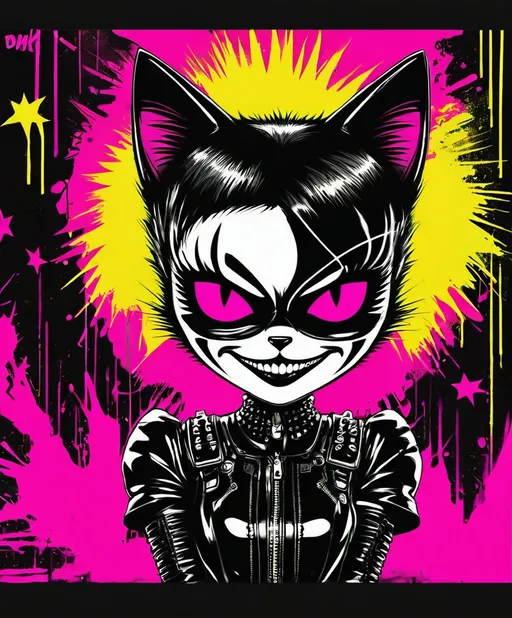 Prompt: kittycat punk pop graffititty in a iconic punk bad girls pose poster, underground euro outlaws from denmark. Surrealist art with a poppy punk dark light flavor. A mix of heavy blacks and neon. Smiles cuteness and snarls. Fantastic museum quality art illustrated hot poster. futuristic retro cool.