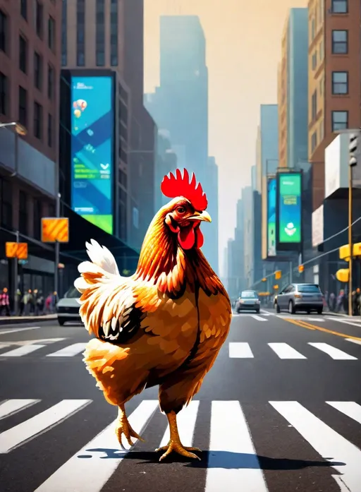 Prompt: explosive metaphorical chicken crossing the busy road 