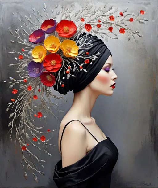 Prompt: Figurative art, textured painting, acrylic 3d texture, a painting of a woman with sculptural hair turban made of branches and gradient red yellow purple cartonnage flowers flowing in the wind, wearing a black high neck dress, inspired by catrin welz-stein, Florine Stettheimer, Dina Wakley, Elisabeth Fredriksson, Caia Koopman, endre penovac, abstract silver copper patina background, highly detailed digital painting, a fine art painting