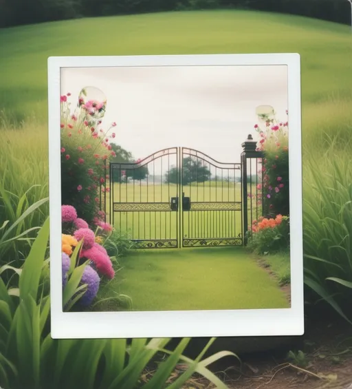 Prompt: gate full figured fashion design sketch pareidolia Polaroid, real green grass and colorful flowers growing from photograph 